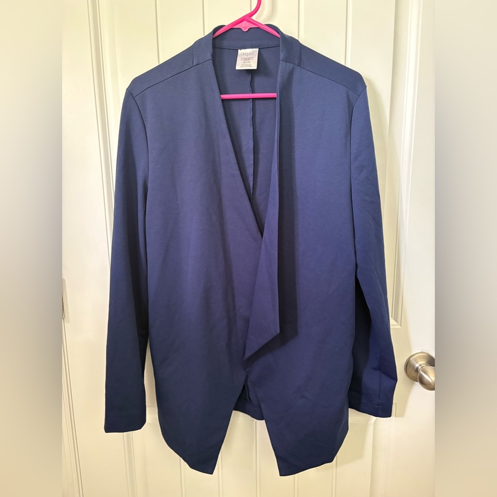 Serra Navy Blue Blazer Asymmetrical Waterfall open front. Size Large.
